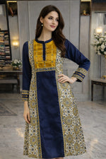 Premium gaji silk kurti in ajrakh in blue n yellow