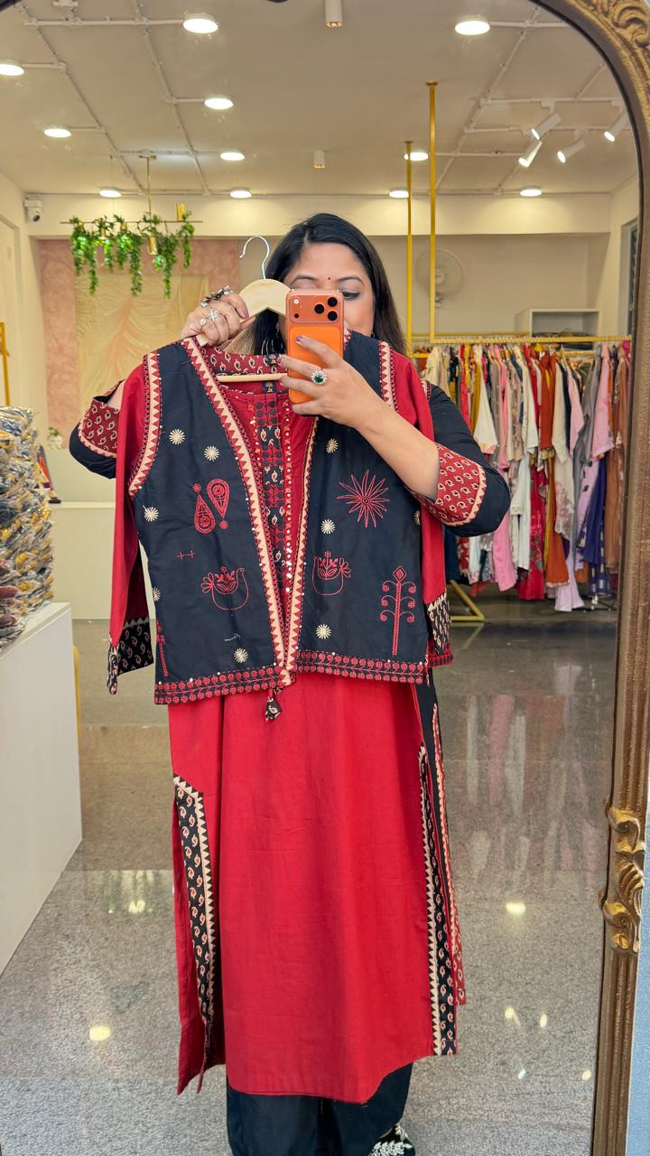 Premium Dabbu cotton kurta set with beautiful real mirror yoke paired with a plazzo pant and a jack in red