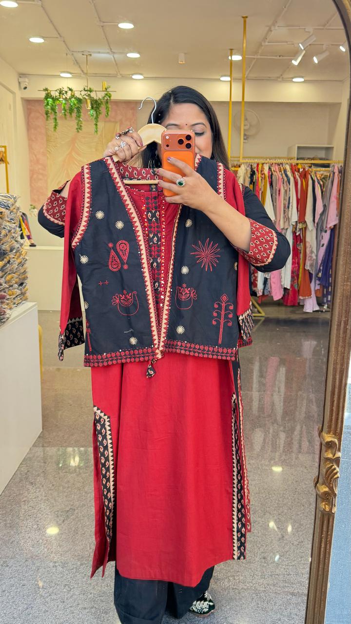 Premium Dabbu cotton kurta set with beautiful real mirror yoke paired with a plazzo pant and a jack in red