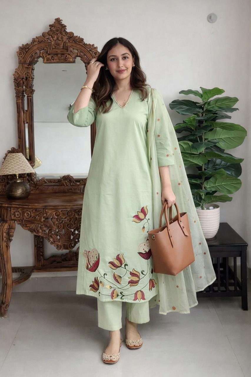 Premium Mul cotton applique suit set in mint green