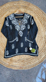 Heavy rayon chikankari short top in black