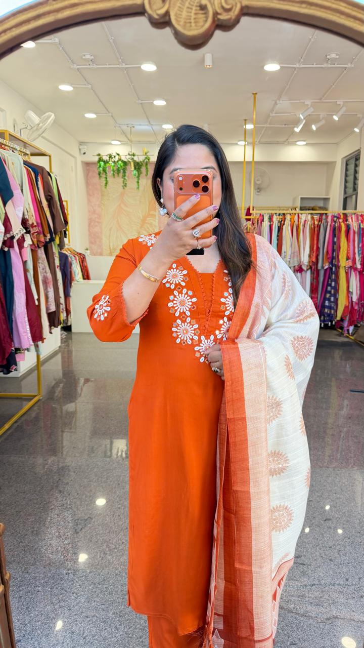 Smart slub cotton heavy embroidery yoke suit set paired with cotton silk dupatta in orange