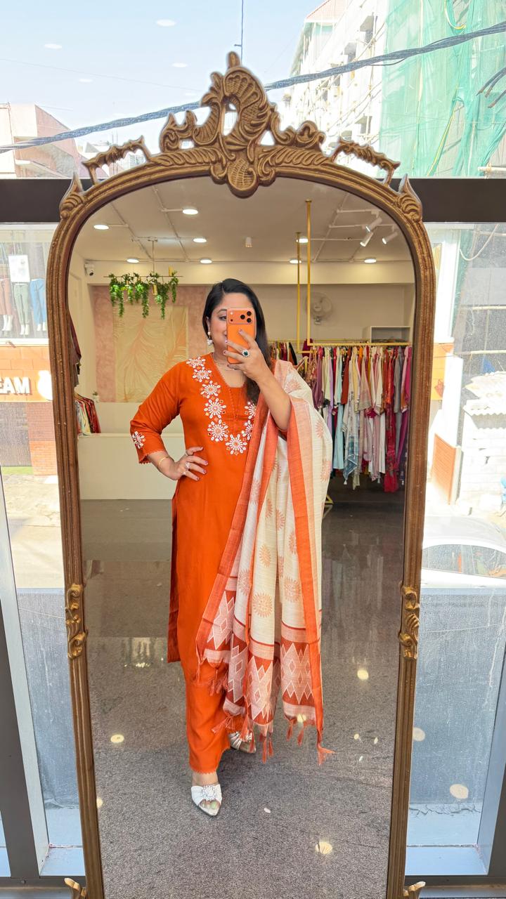 Smart slub cotton heavy embroidery yoke suit set paired with cotton silk dupatta in orange