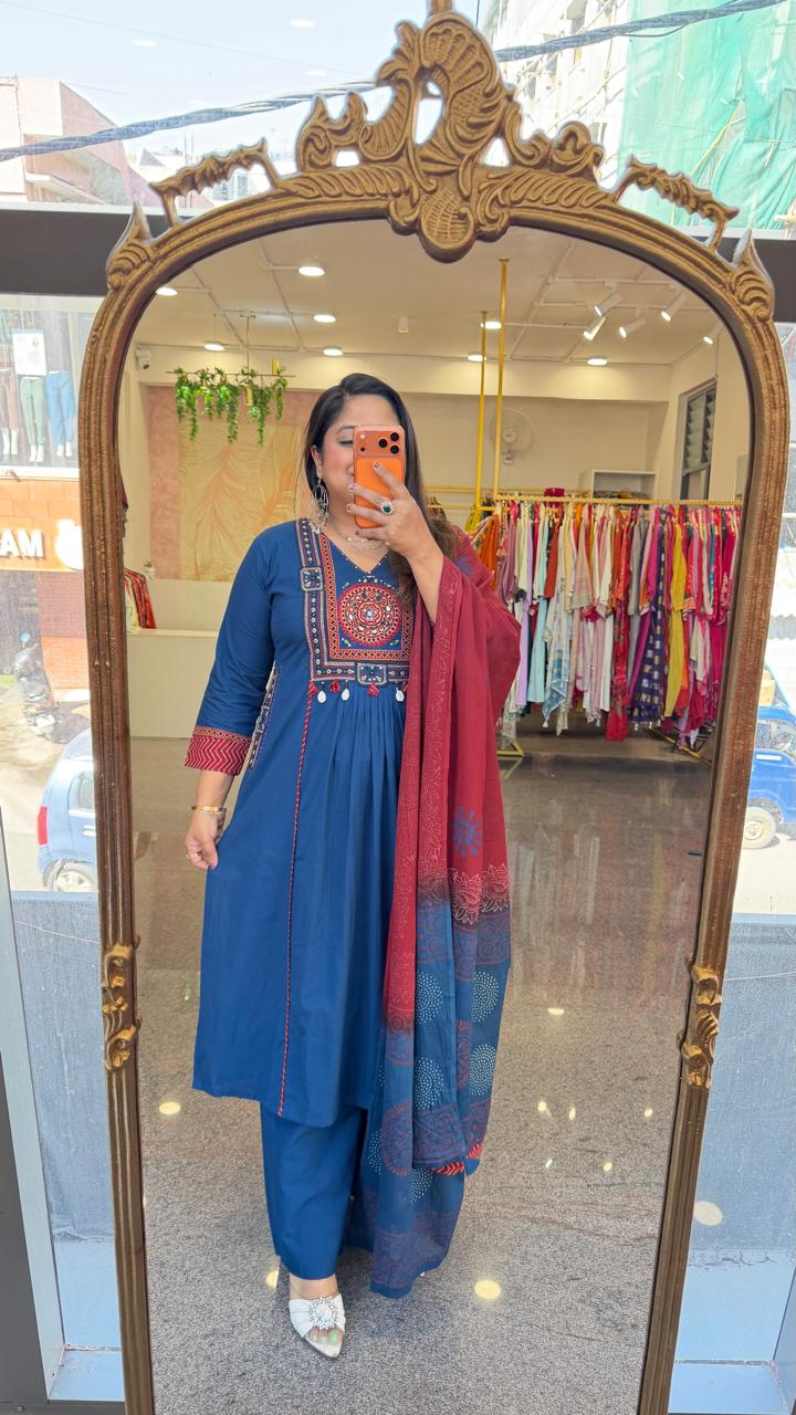 Premium cotton designer pocket blue suit set