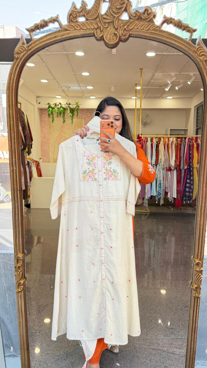 Smart cotton front n back embroidered A line suit set