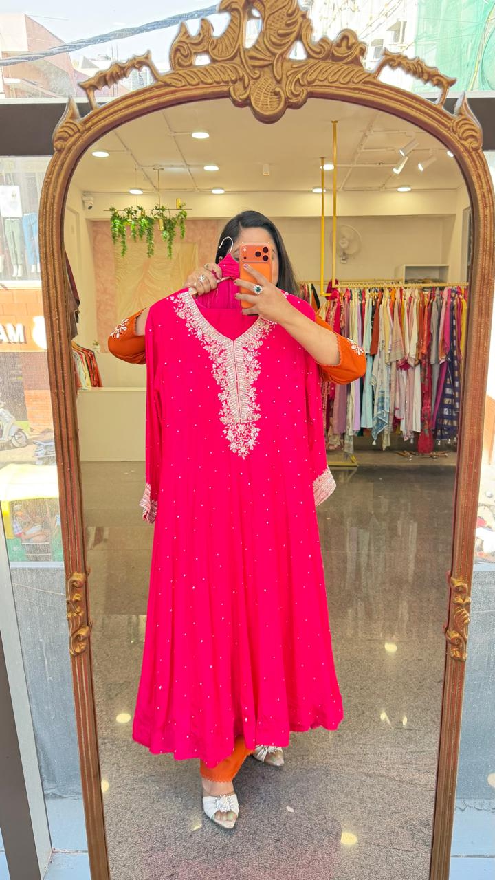 Premium chinon heavy Zardosi yoke Anarkali suit set in Rani pink