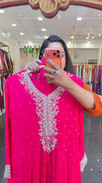 Premium chinon heavy Zardosi yoke Anarkali suit set in Rani pink