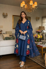 Premium cotton embroidered suit set in blue