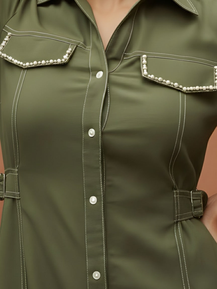 Smart cotton pearl detailing one piece in green