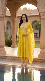 Premium Mul chanderi with zari detailing full suit set in yellow