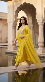 Premium Mul chanderi with zari detailing full suit set in yellow