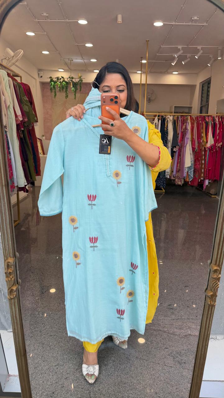 Pretty embroidered Mul chanderi in blue