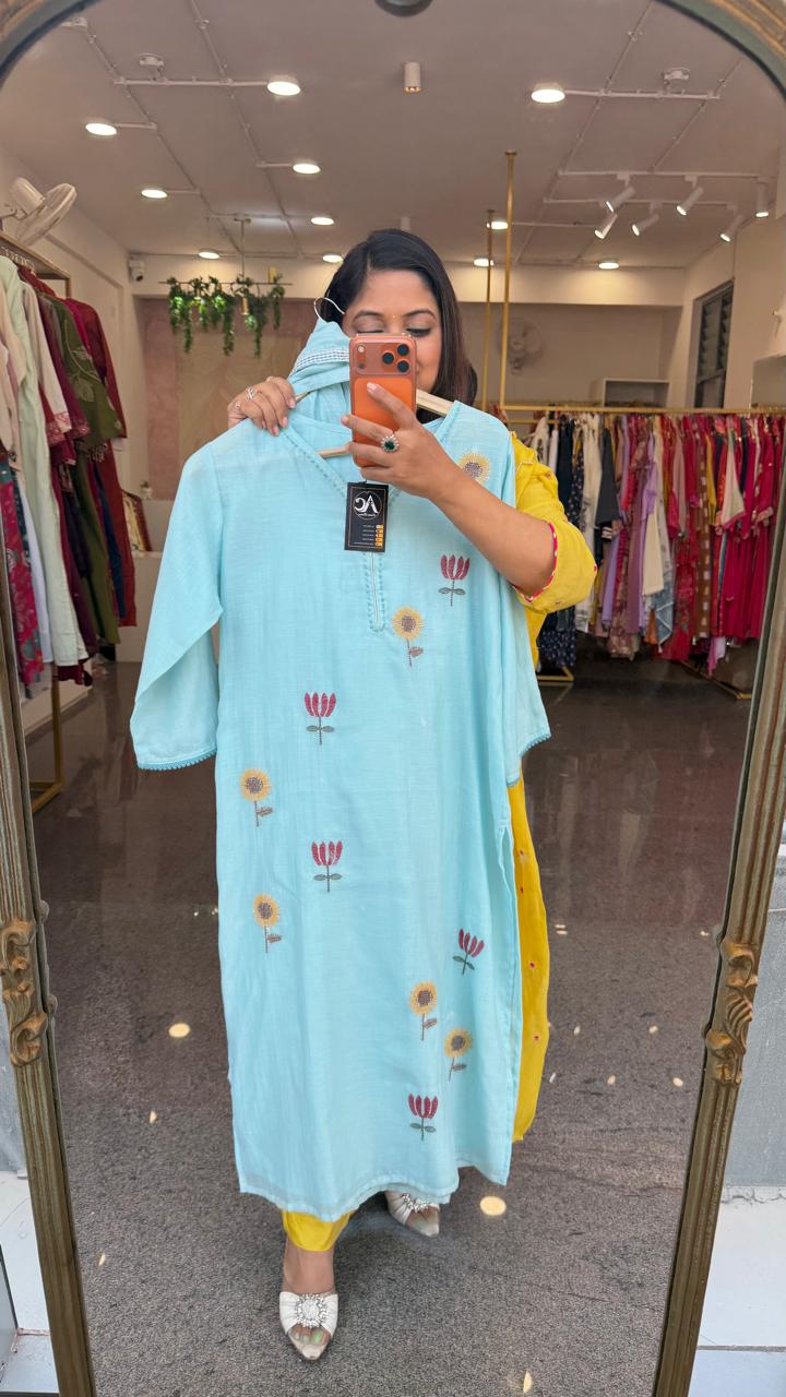 Pretty embroidered Mul chanderi in blue