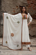 Mul Mul cotton lining applique work full suit set in orange. Kurta has pockets too