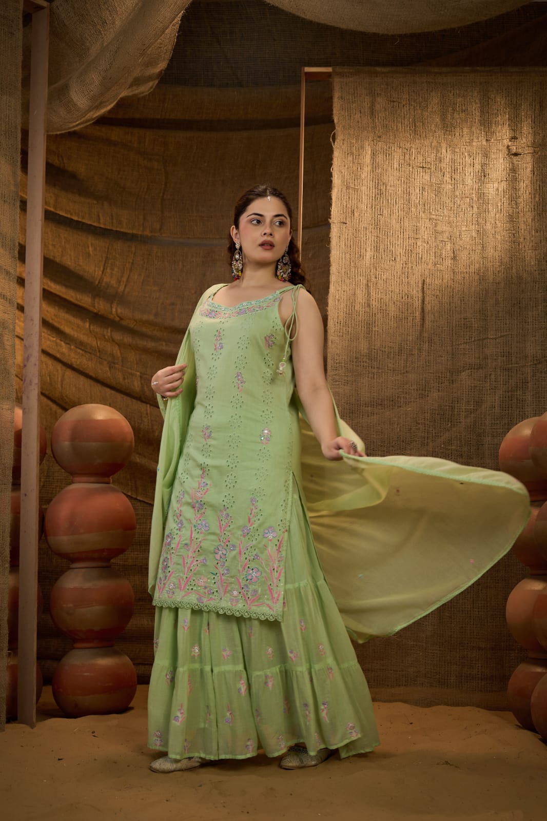 Fully embroidered Mul cotton embroidered set in green