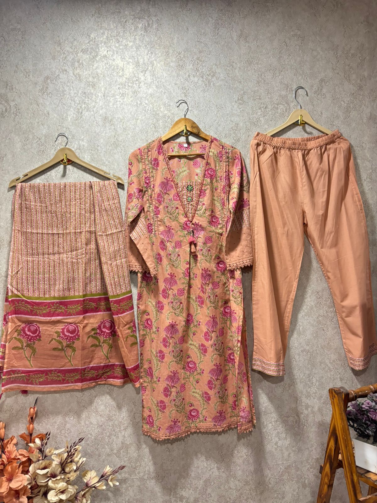 Premium pure cotton shifli detailing on sleeves in peach