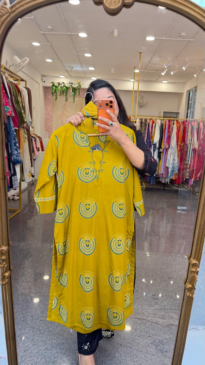 Super pretty designer neck cotton suit set in yellow