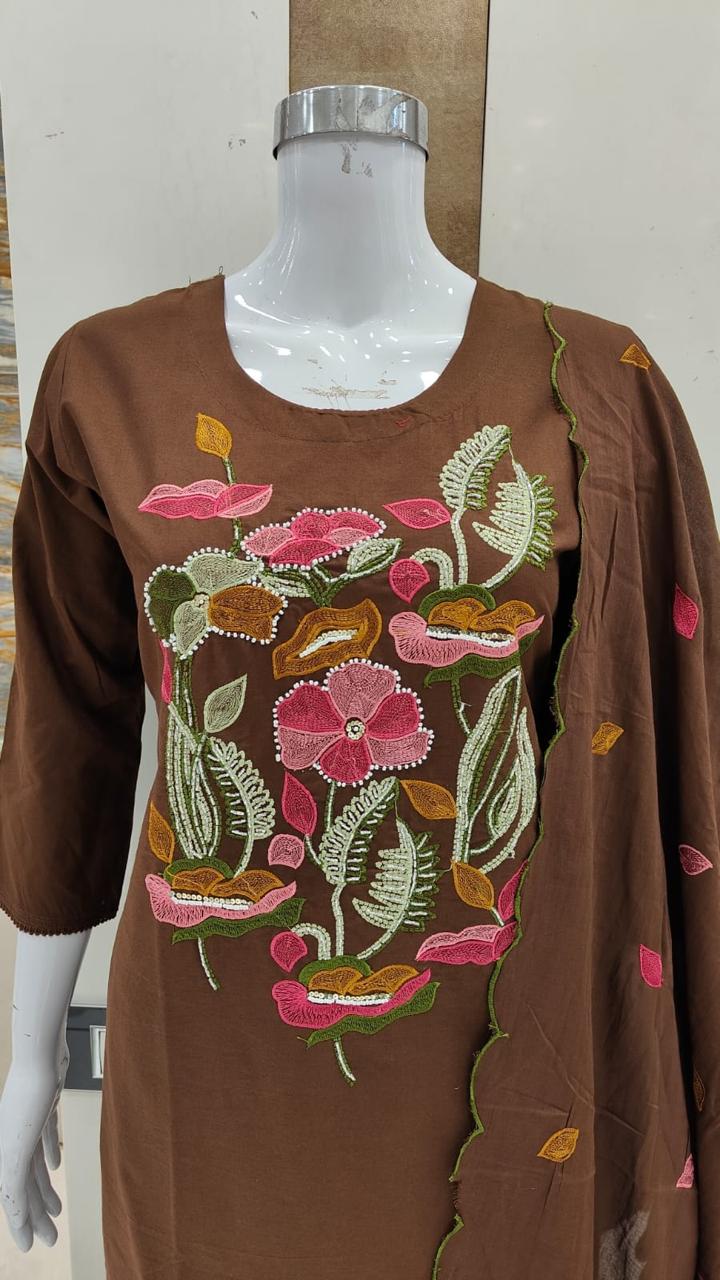 Premium cotton embroidered with pearl detailing suit set in brown (slim fit)