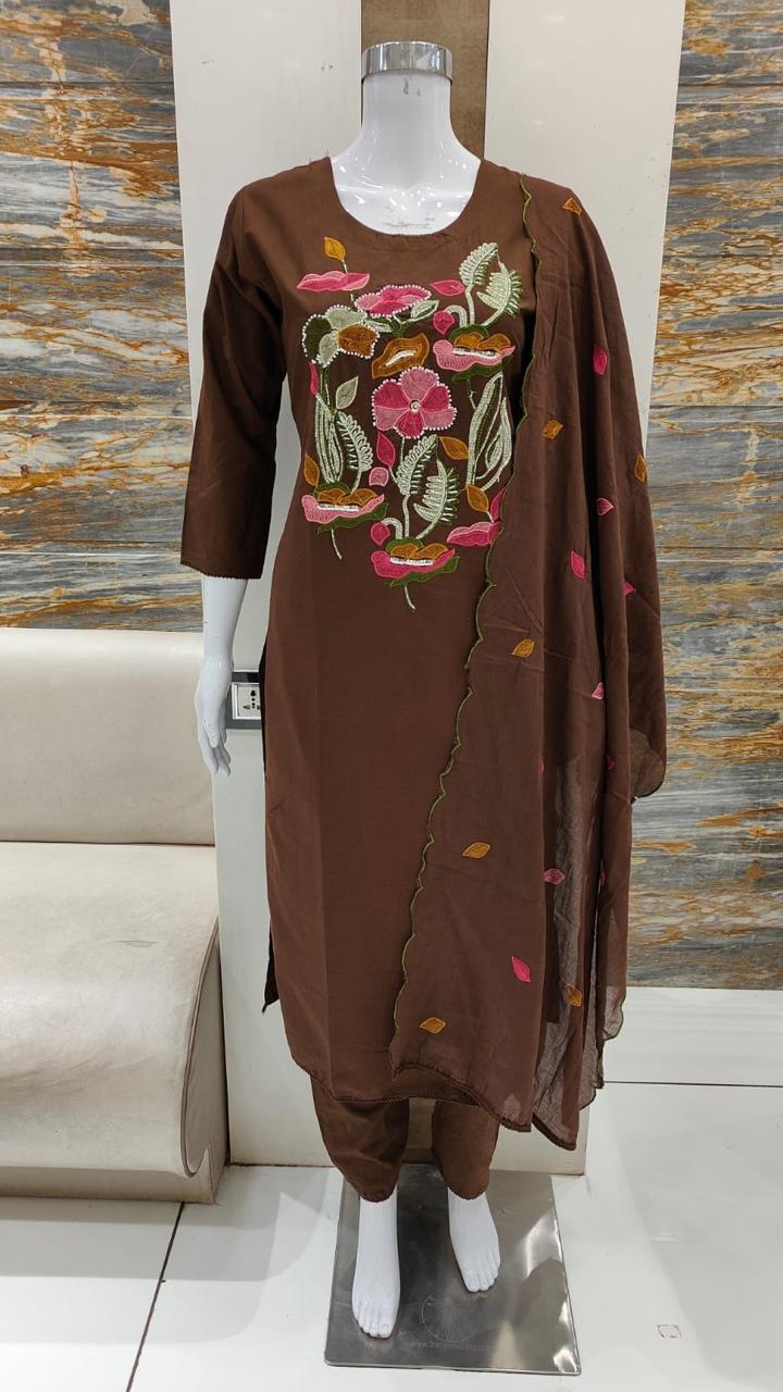 Premium cotton embroidered with pearl detailing suit set in brown (slim fit)