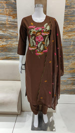 Premium cotton embroidered with pearl detailing suit set in brown (slim fit)