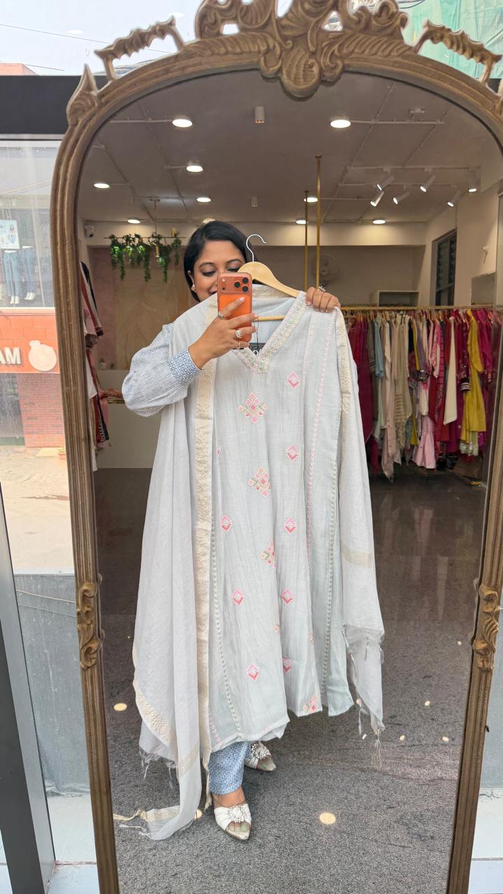 Fully embroidered Mul chanderi suit set in ice blue