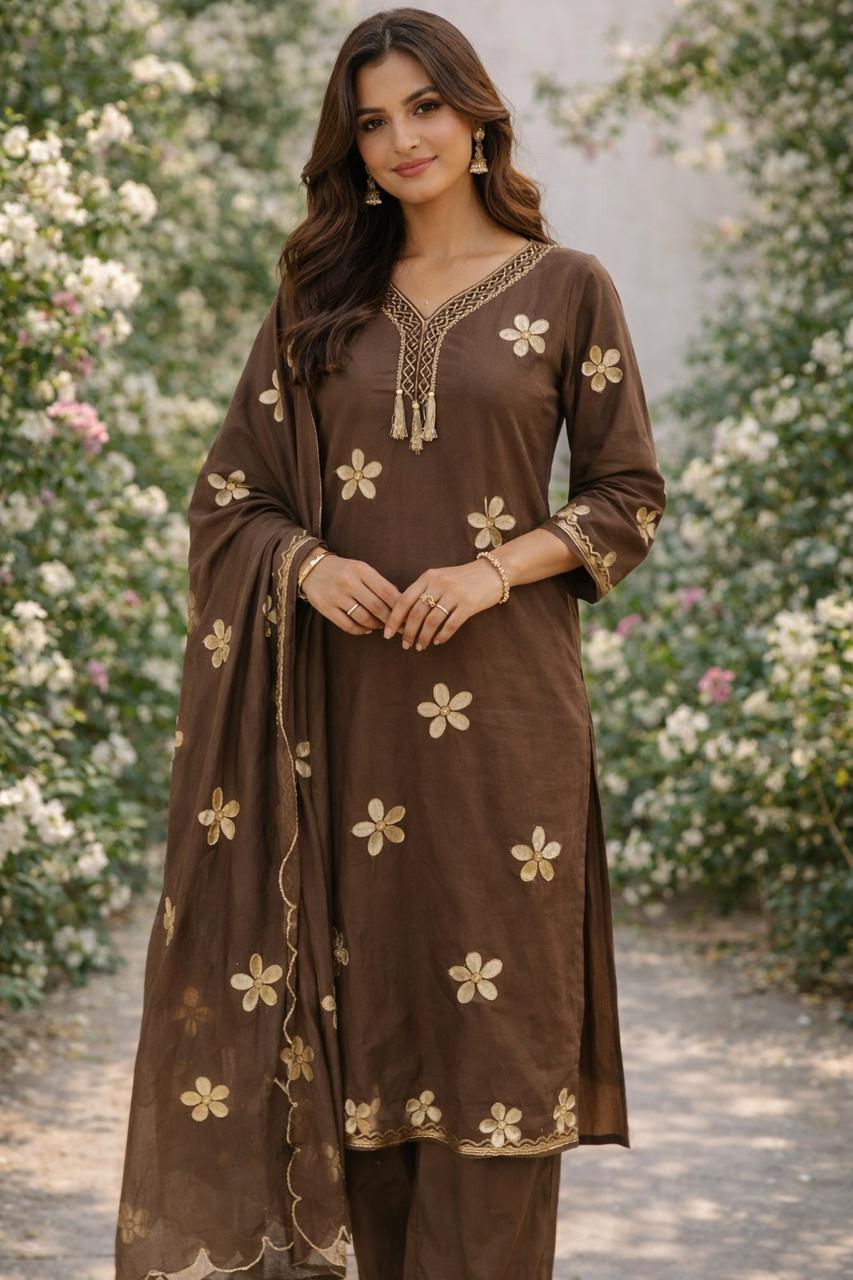 Pure cotton applique work cotton full suit set