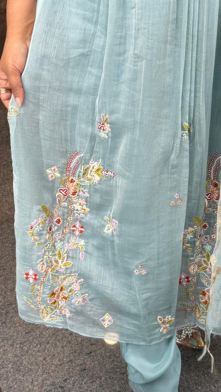 Ice blue full embroidery and pearl detailing Mul chanderi suit set