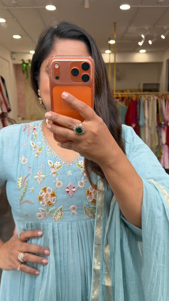Ice blue full embroidery and pearl detailing Mul chanderi suit set