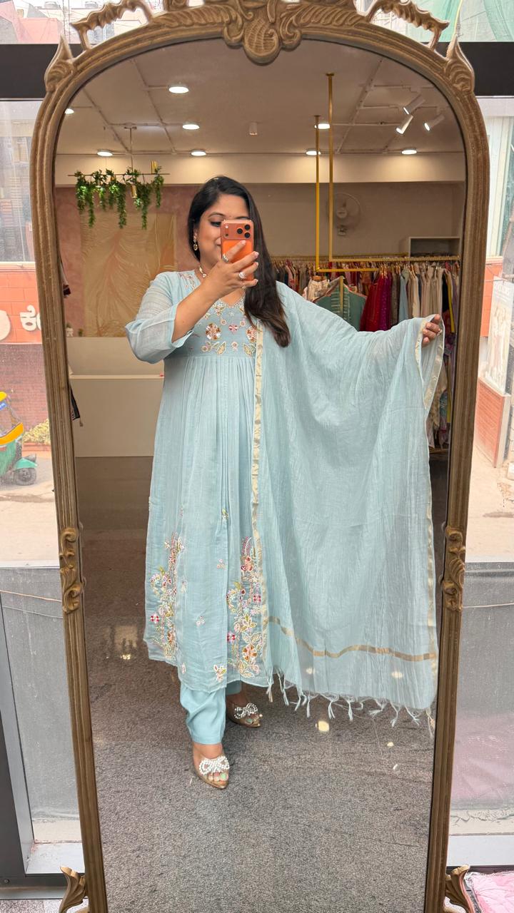 Ice blue full embroidery and pearl detailing Mul chanderi suit set