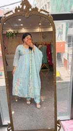 Ice blue full embroidery and pearl detailing Mul chanderi suit set