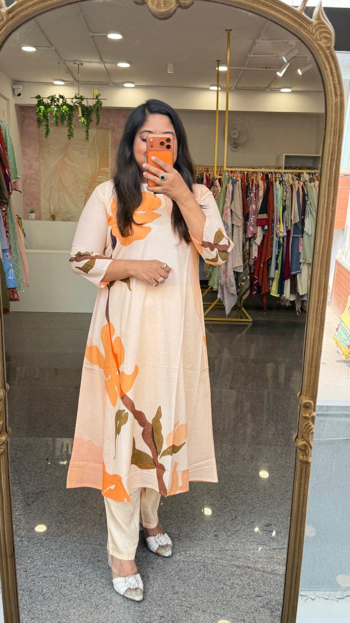 Premium cotton front n back digital print A line kurta paired with shantoon pant in peach