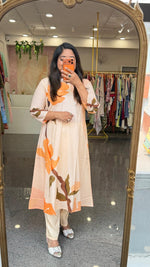Premium cotton front n back digital print A line kurta paired with shantoon pant in peach