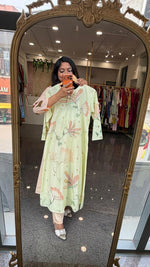 Premium cotton front n back digital print A line kurta paired with shantoon pant in mint green