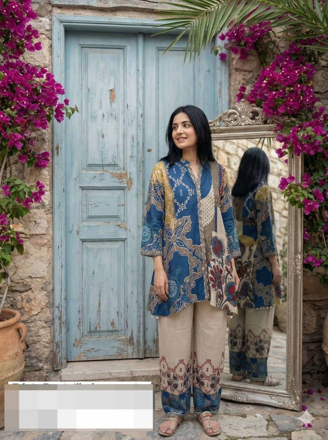 Pretty crepe silk digital co ord set in cream n blue