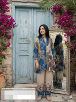 Pretty crepe silk digital co ord set in cream n blue