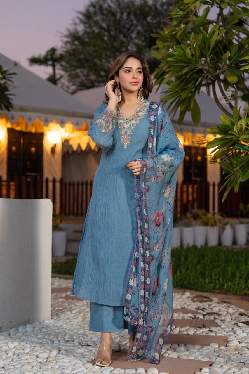 Stylish crush cotton designer suit set in blue paired with a Kalamkari dupatta