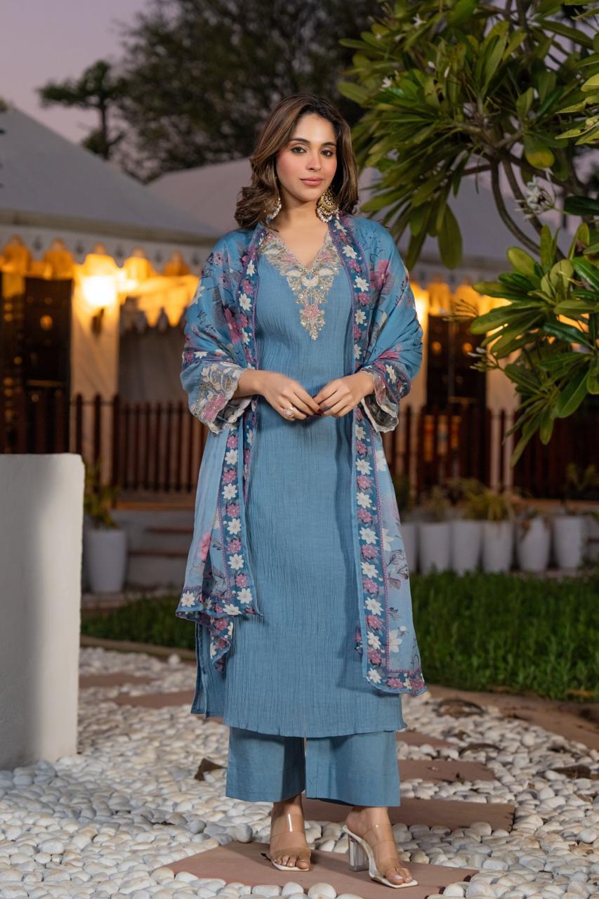 Stylish crush cotton designer suit set in blue paired with a Kalamkari dupatta
