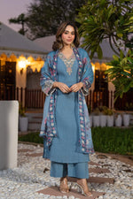 Stylish crush cotton designer suit set in blue paired with a Kalamkari dupatta