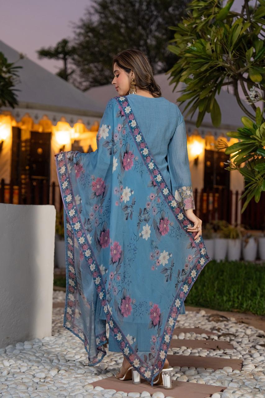 Stylish crush cotton designer suit set in blue paired with a Kalamkari dupatta