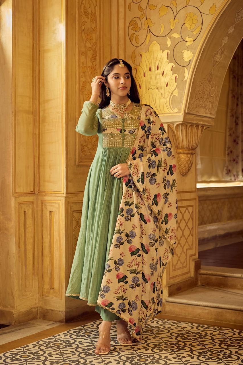Pure Mul chanderi with heavy hand work green suit set !