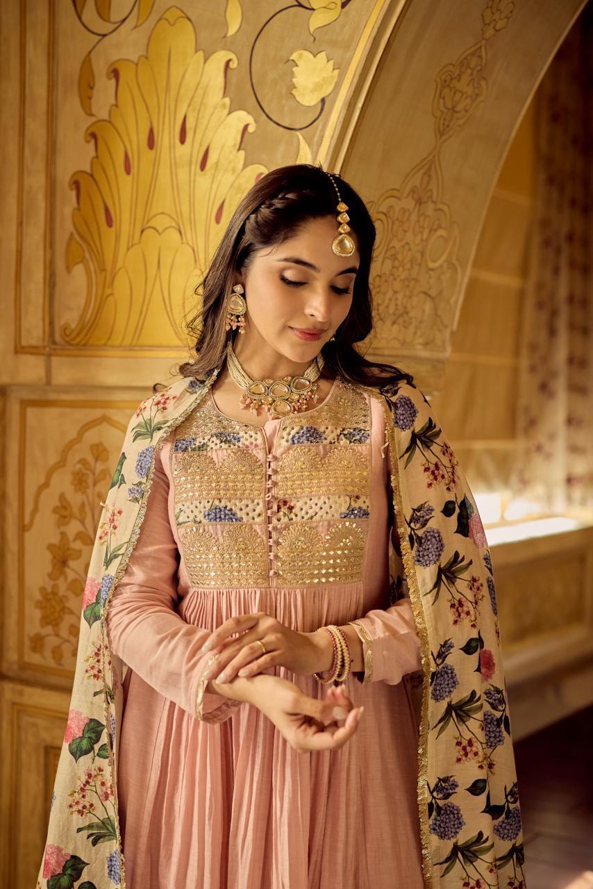 Pure Mul chanderi with heavy hand work pink suit set