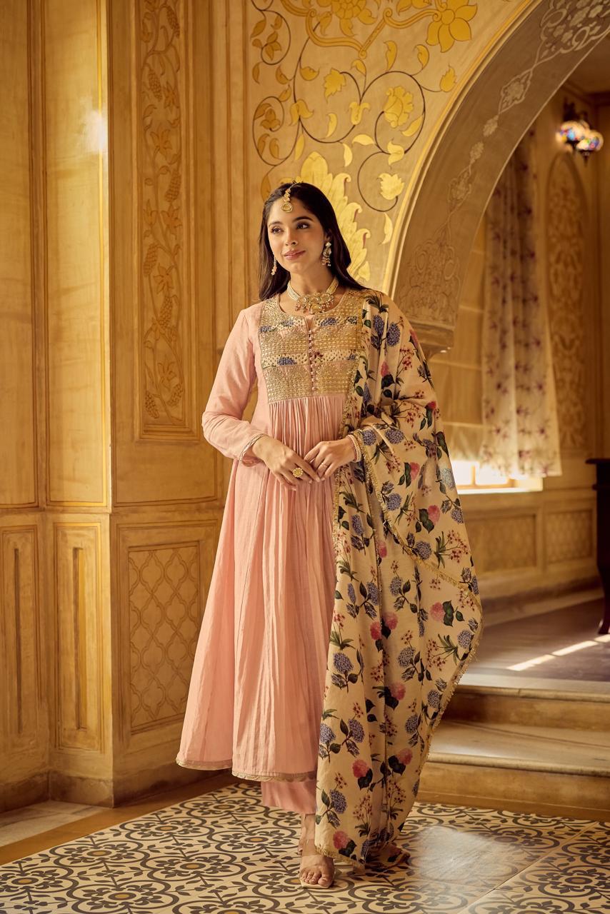 Pure Mul chanderi with heavy hand work pink suit set