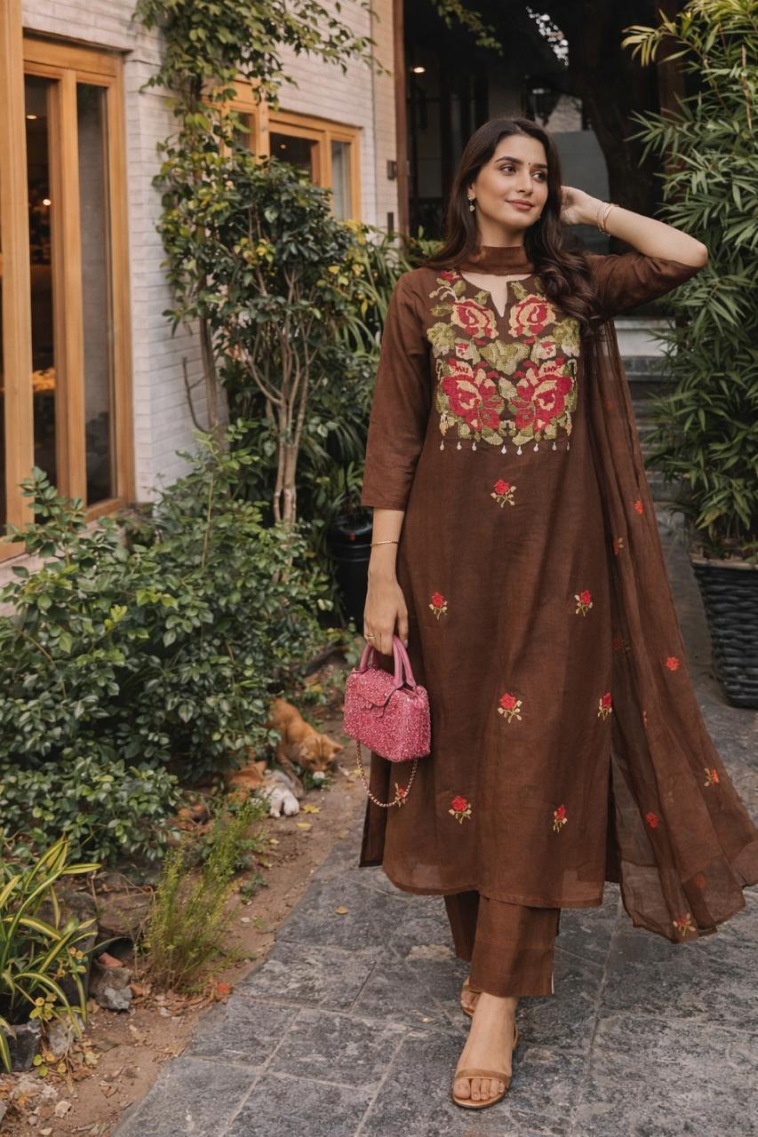 Fully embroidered designer cotton suit set in brown