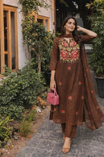 Fully embroidered designer cotton suit set in brown