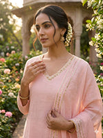 Premium Mul cotton lining V neck with sequins detailing suit set in pink