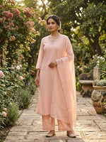 Premium Mul cotton lining V neck with sequins detailing suit set in pink