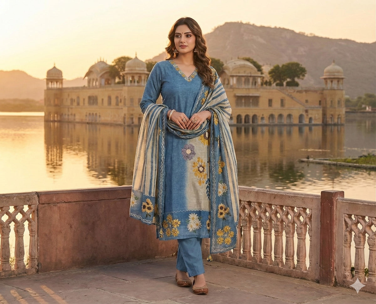 Linen chanderi githan work full suit set