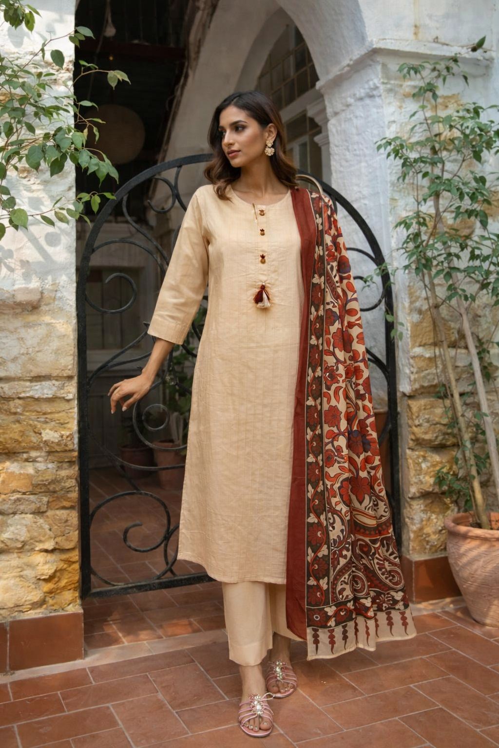 Pure cotton suit set paired with kalamkari dupatta