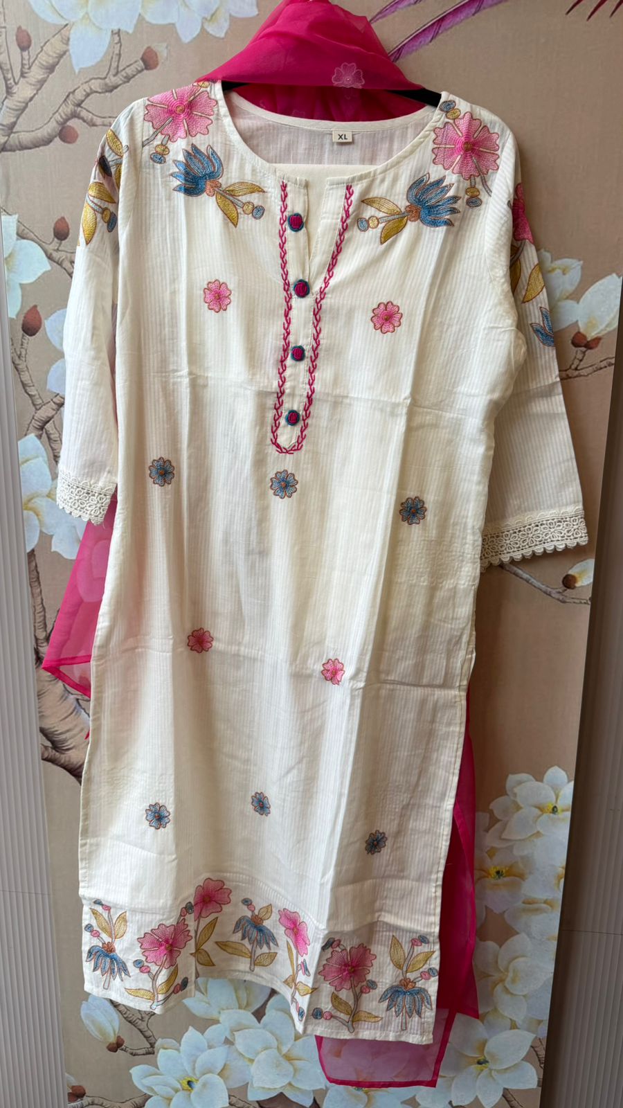 Pretty cotton applique work suit set paired with organza dupatta