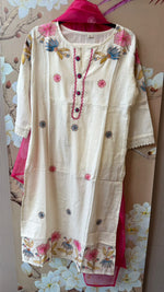 Pretty cotton applique work suit set paired with organza dupatta